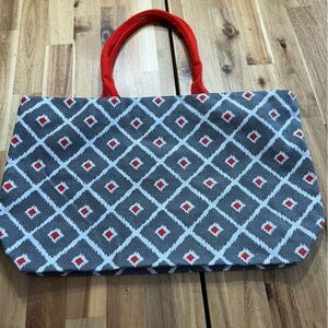 Gray Geometric Print Canvas Tote Bag w/ Red Handles & Zipper